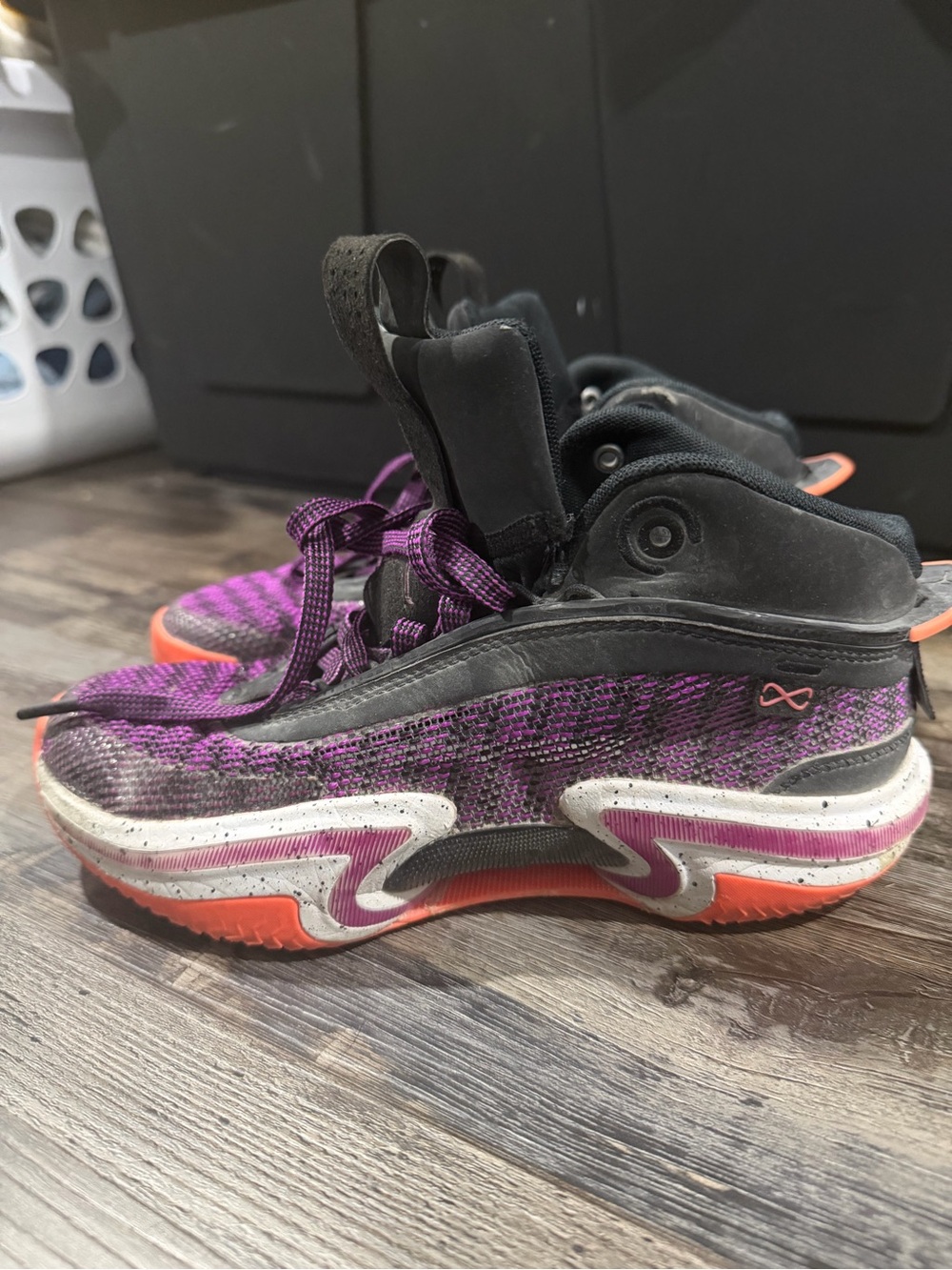 Nike Jordan Air Kids Purple & Black Athletic Shoes with Orange Accents